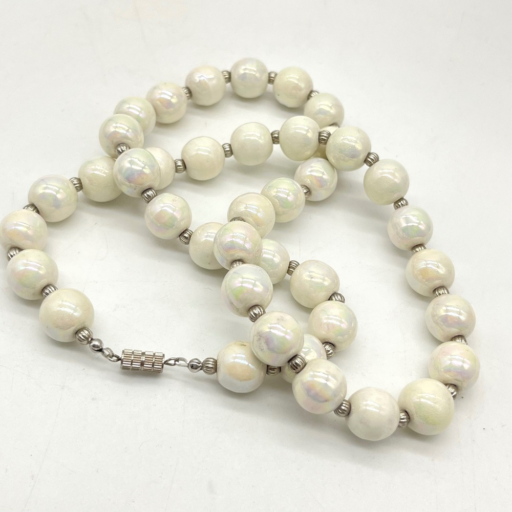 Vintage White Iridescent Ceramic Bead Necklace Pearlescent 24 Inch Barrel Clasp